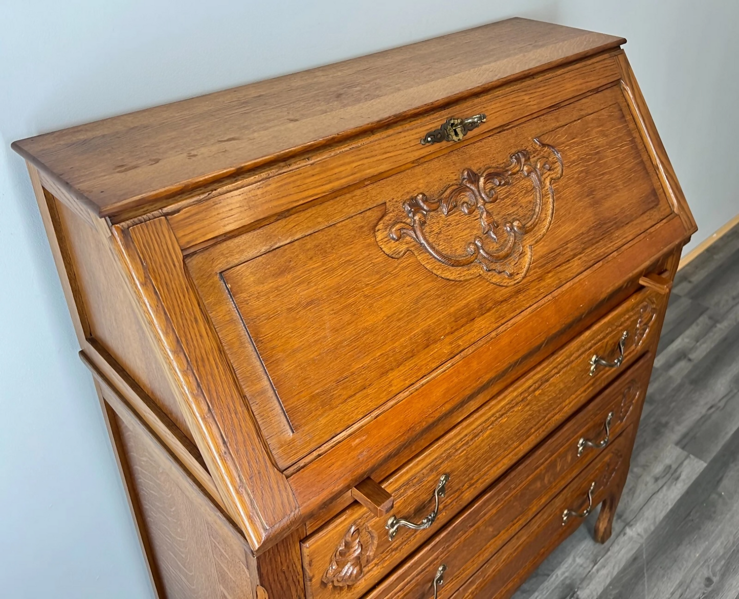 Secretaire Writing Desk Vintage French Oak Bureau Carved Cabinet LOT 3755