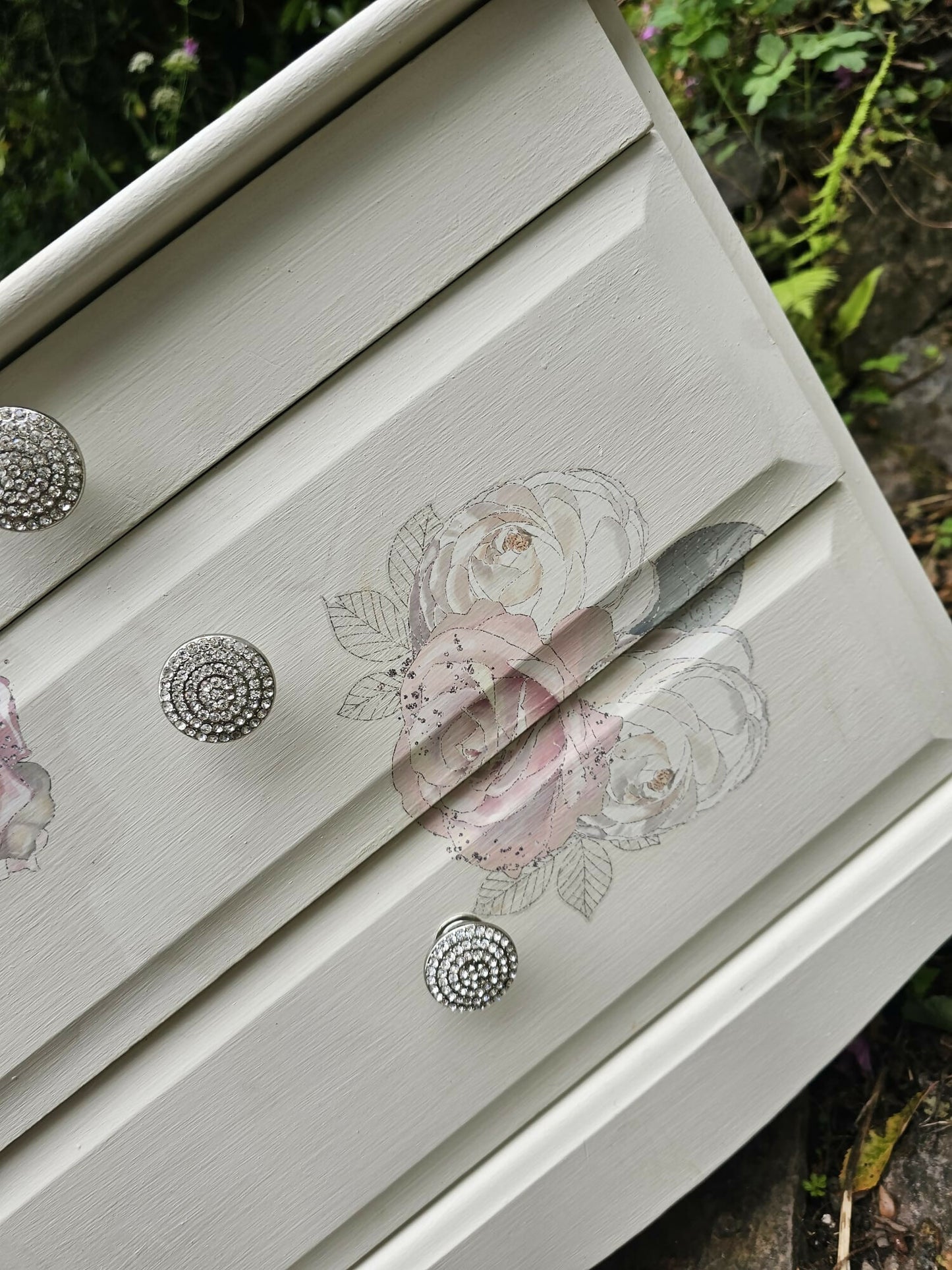 Stag Minstrel beside cabinet with 2 drawers & pullout tray painted in clotted cream