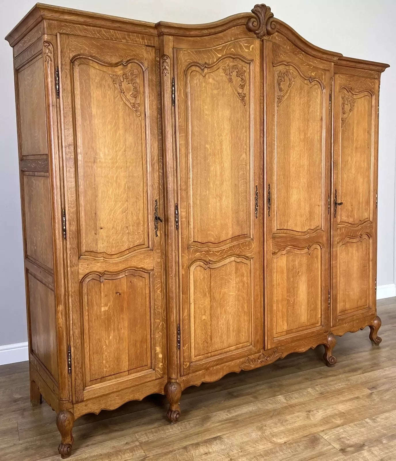 Wardrobe Vintage French Louis XVI Style Oak Four Door Carved Armoire LOT 6099