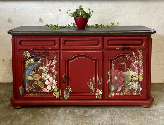 Sideboard Red Floral Decorated