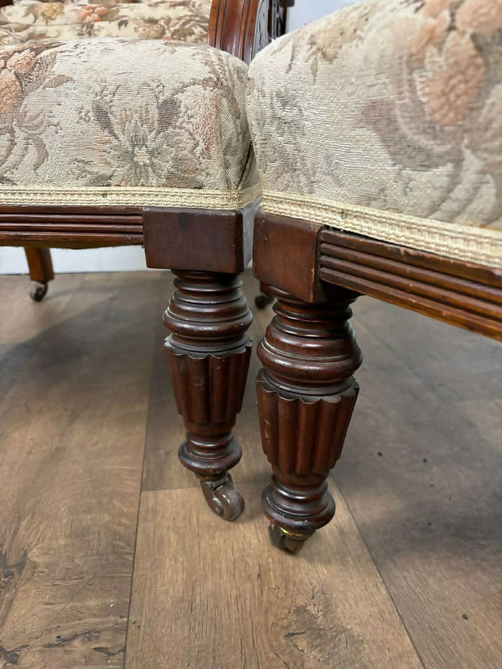 Pair of Victorian Carved Walnut Upholstered Library Armchairs