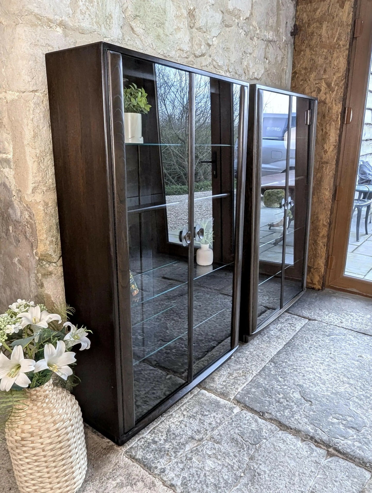 Pair Ercol Display Cabinets Freestanding - 5 FT - Dark Finish