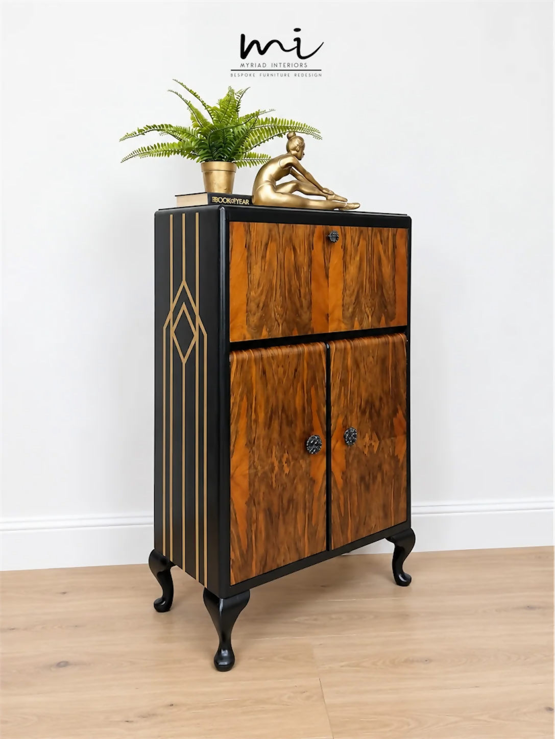 Art Deco Burl Walnut Petit Cocktail Cabinet, Black and Gold, Vintage Drinks Cabinet
