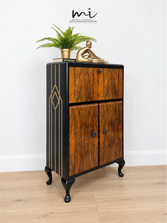 Art Deco Burl Walnut Cocktail Cabinet, Black and Gold, Vintage Drinks Cabinet