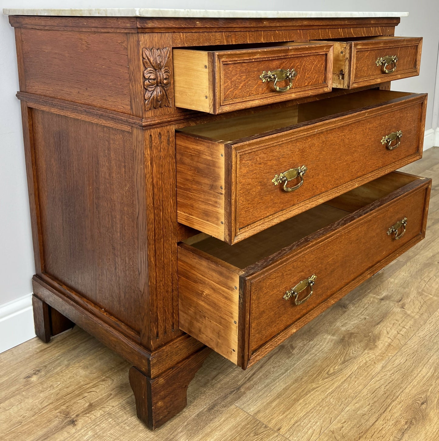 Chest of Drawers Antique French Oak Marble Top 4 Drawers Carved Cabinet LOT 6290