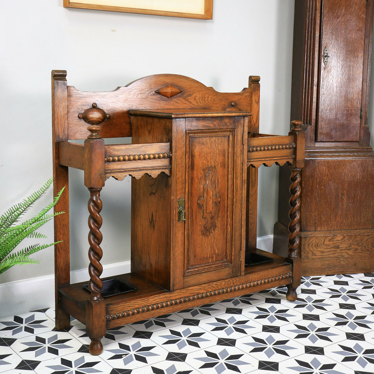 Oak Hall Stand Stick Stand with Drip Trays and Cupboard