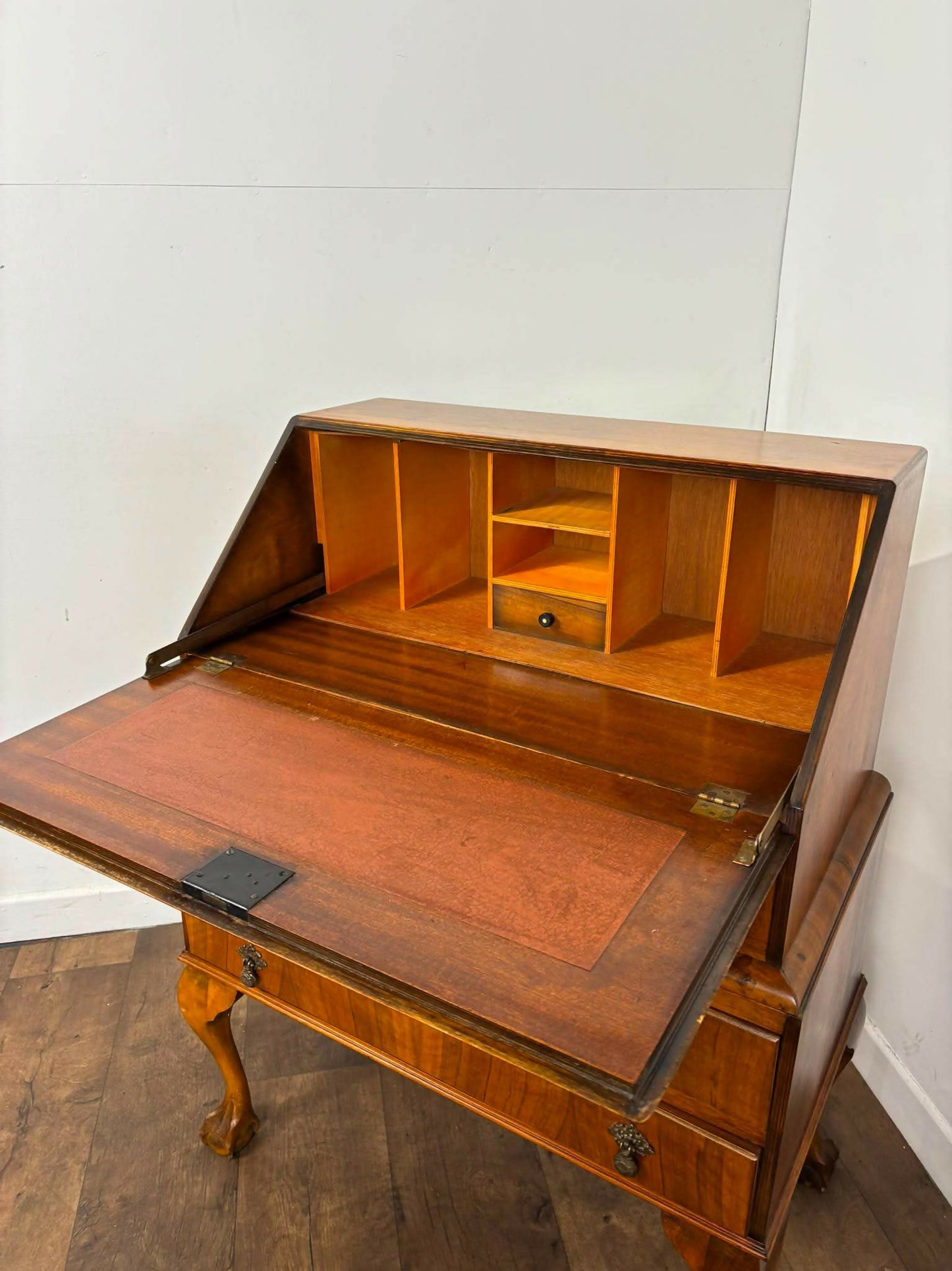 Vintage Walnut Veneer Waterfall Bureau on Claw & Ball Feet