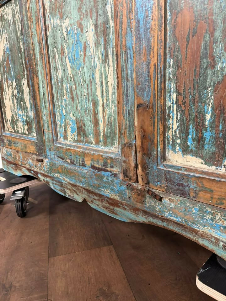Large Vintage Rustic Indian Triple Door Cupboard in Distressed Blue