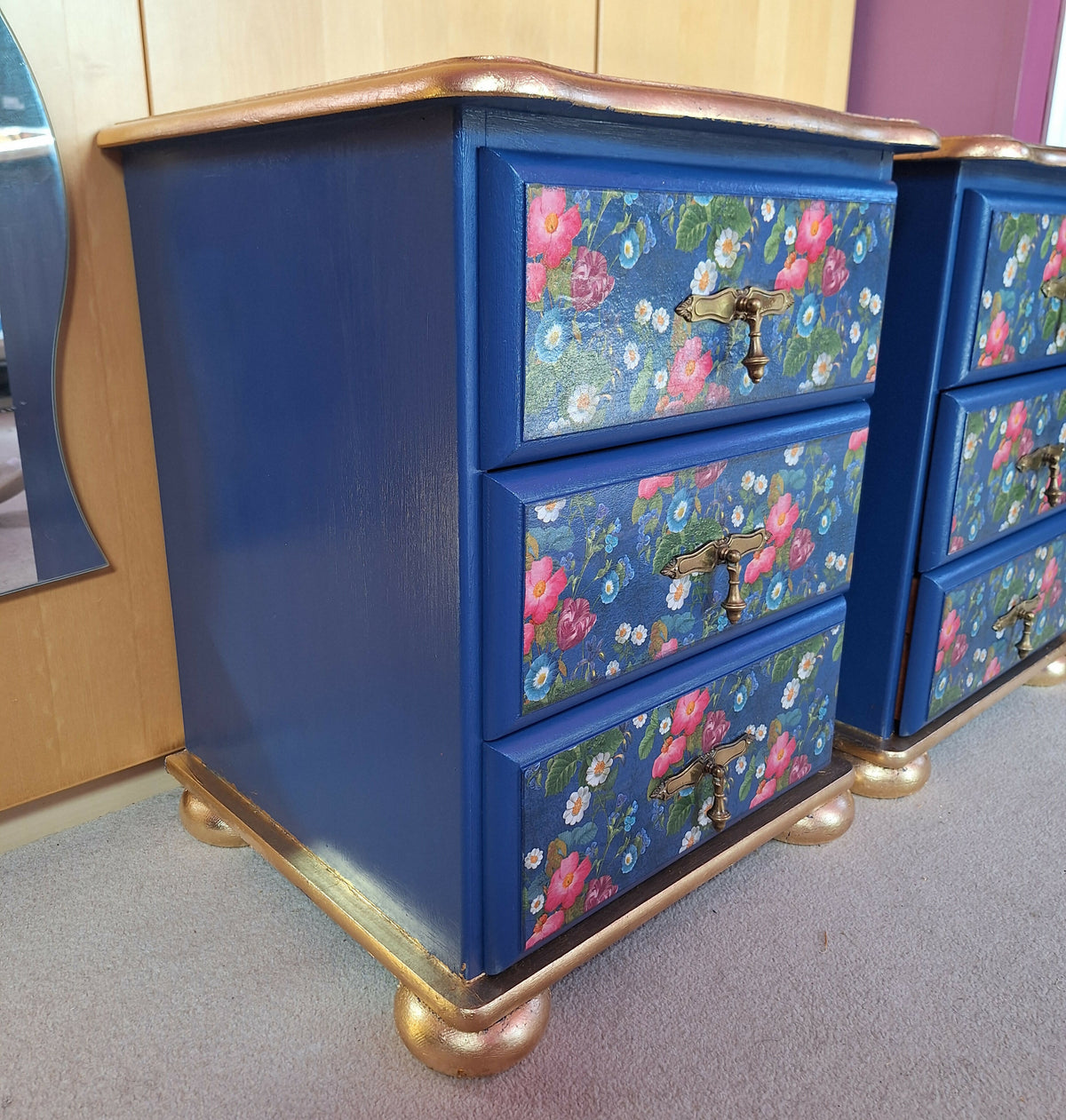 “Blue Floral” 1980s Bedside 3 Drawers