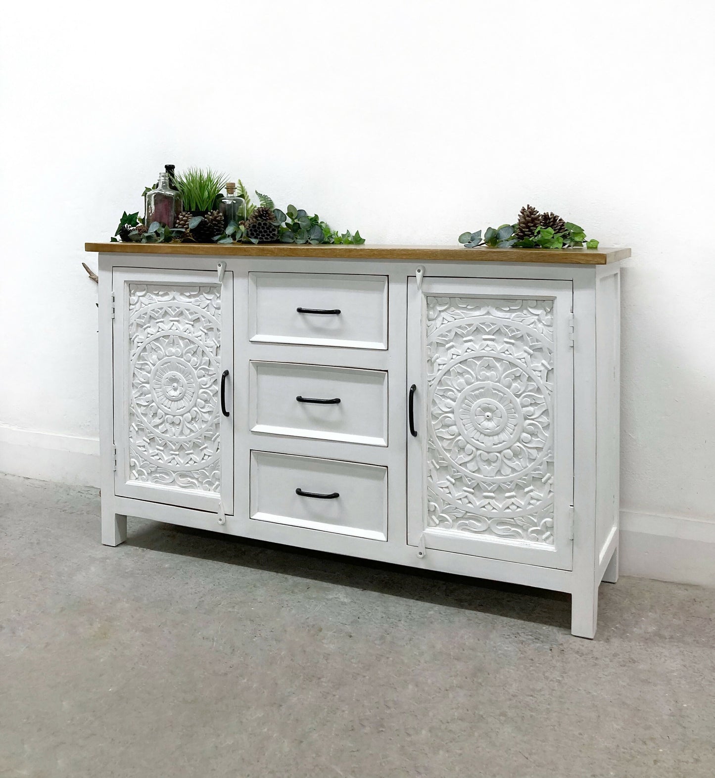 CARVED INDIAN SIDEBOARD. WHITE SIDEBOARD