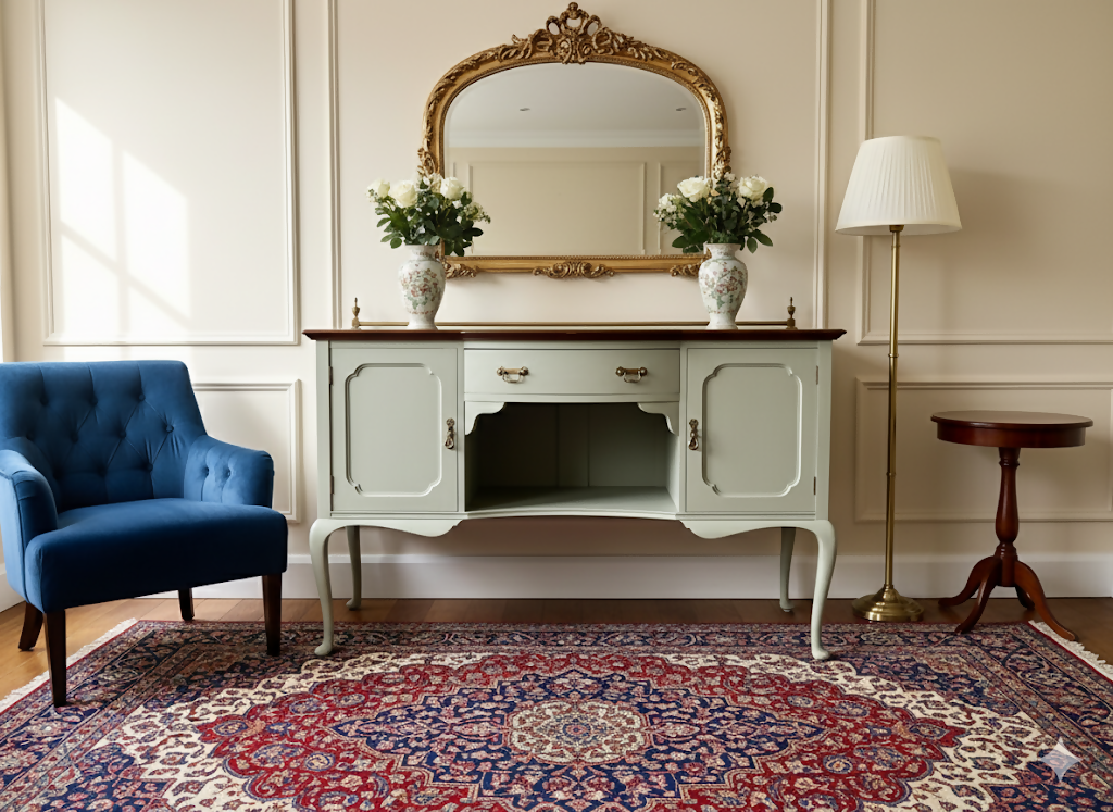 Antique Large, Solid Sage Green Greyish Sideboard: Bow-Fronted Cabinet with Brass Rail