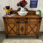 Antique 1920s Jacobean Revival Carved Oak Sideboard Geometric Buffet Cabinet