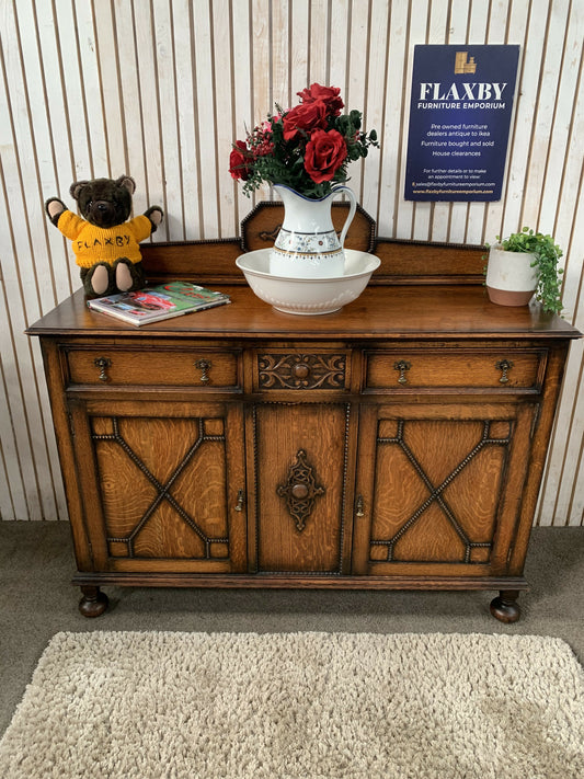 Antique 1920s Jacobean Revival Carved Oak Sideboard Geometric Buffet Cabinet