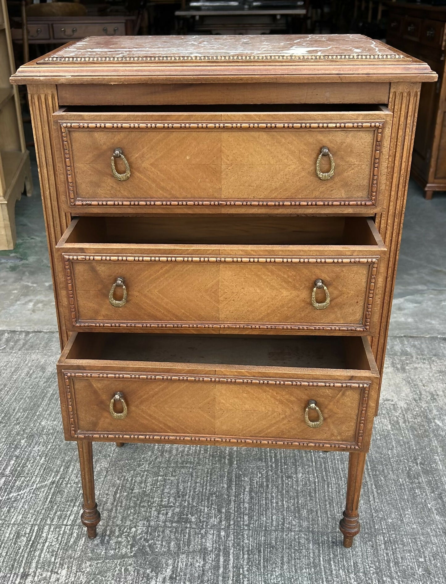 Antique French Louis XVI Style Walnut Marble Topped Bedside Chest Of Drawers