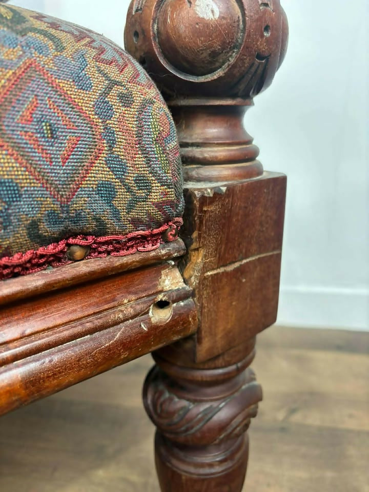 Very Large Vintage Mahogany Upholstered Bench