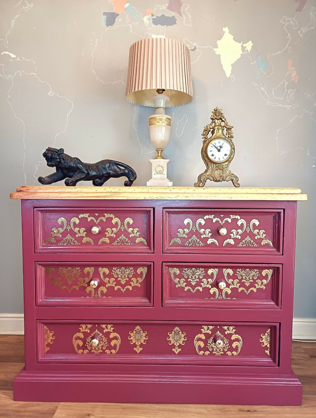 Upcycled Burgandy and Gold Chest of Drawers with Damask Design