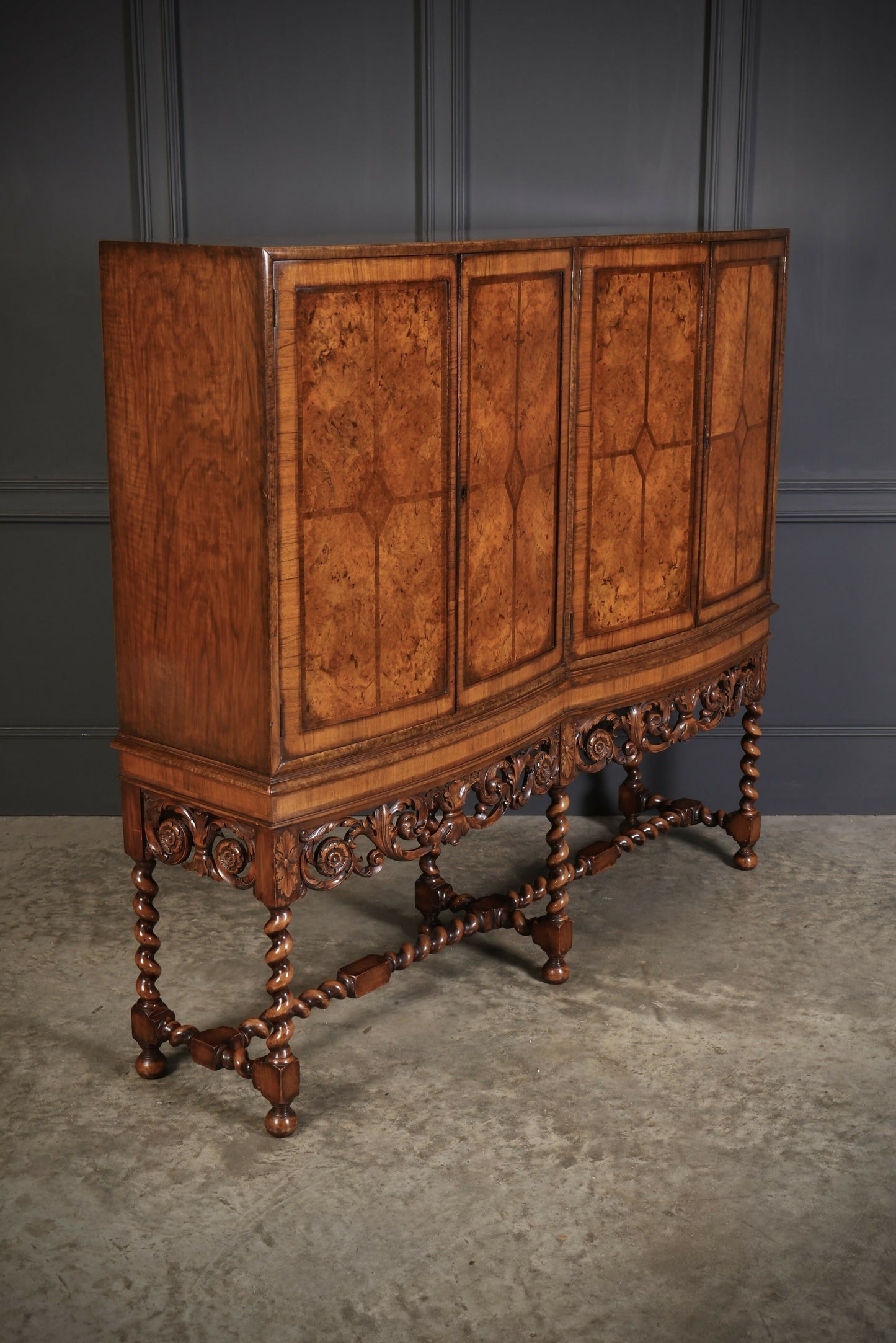 Double Bow Front Burr Walnut Drinks Cocktail Cabinet