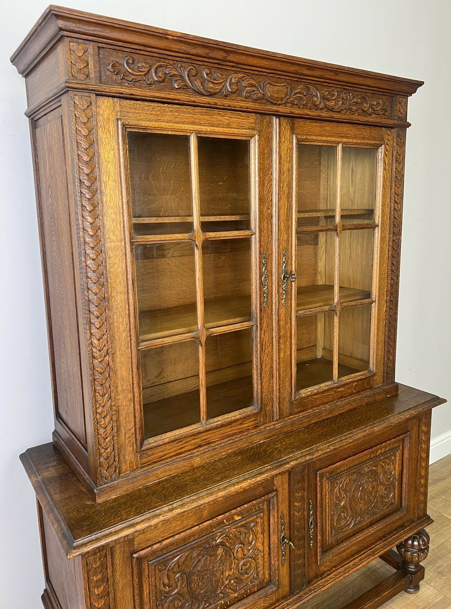 Bookcase Vintage French Oak Glazed Display Cabinet Carved Sideboard LOT 6257