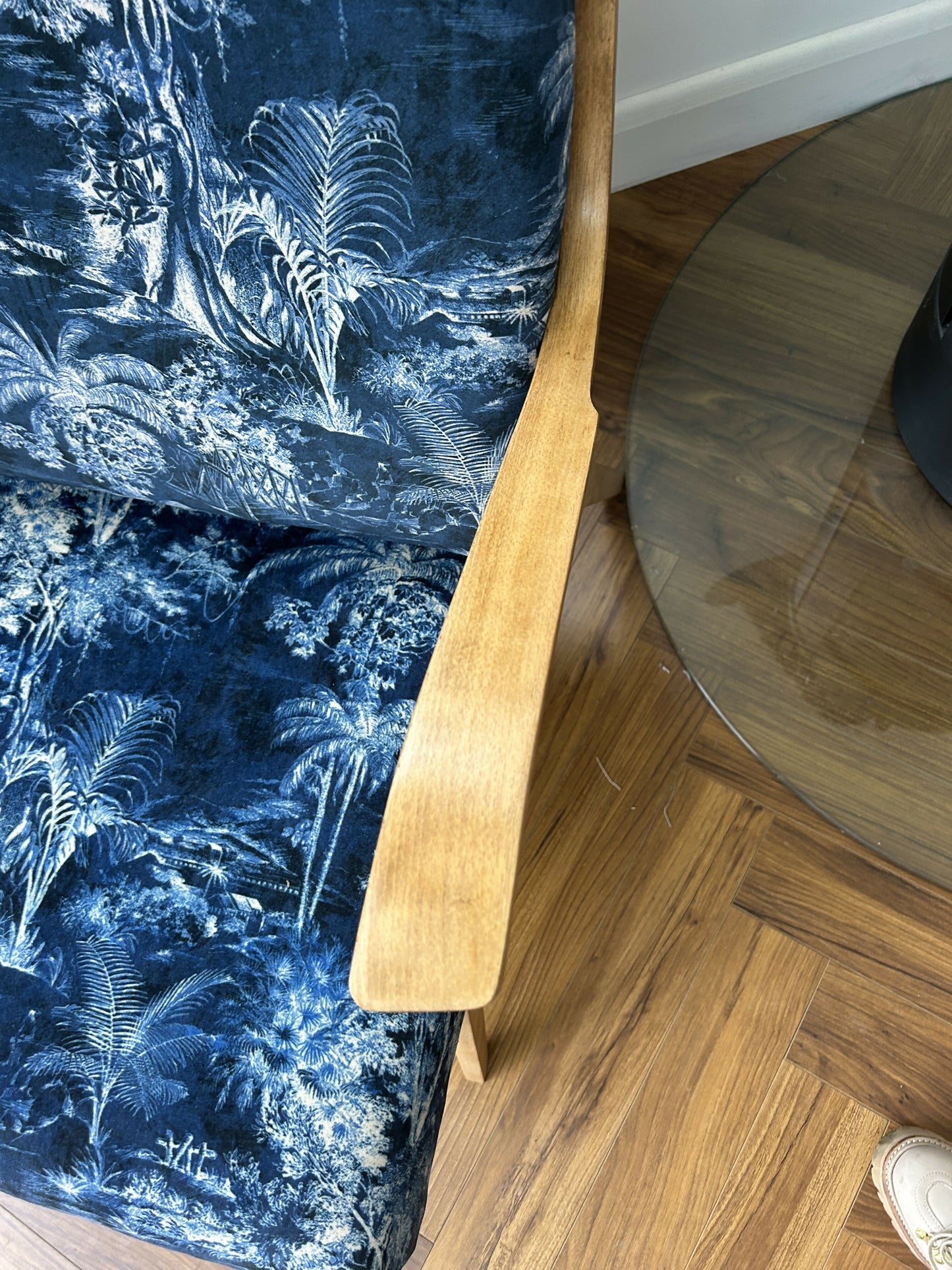 Mid-Century Armchair with Sculptural Oak Frame, Reupholstered in Linwood Velvet, c.1950s