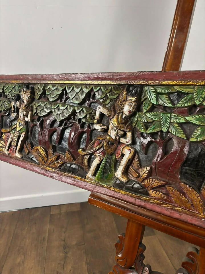 Large Hand Carved Wooden Panel Depicting Figures In A Forest