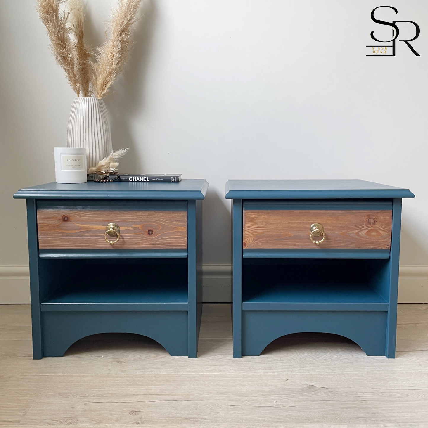 Pair of Navy Blue Vintage Bedside Tables | Mid Century Wooden Nightstands | Professionally Restored Furniture