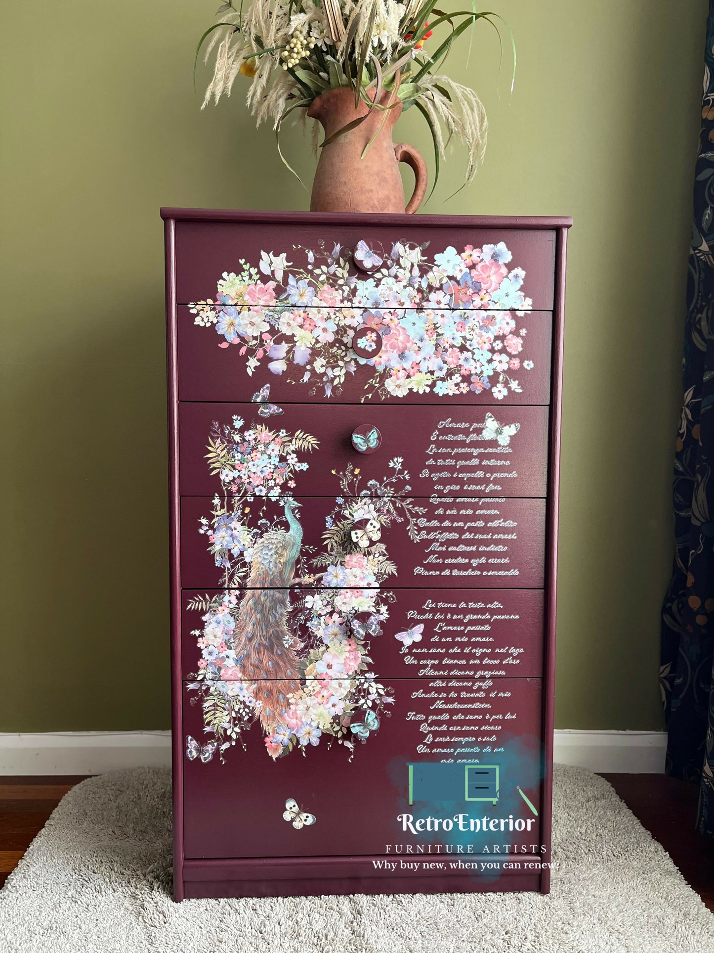 Floral Peacock Maroon chest of drawers