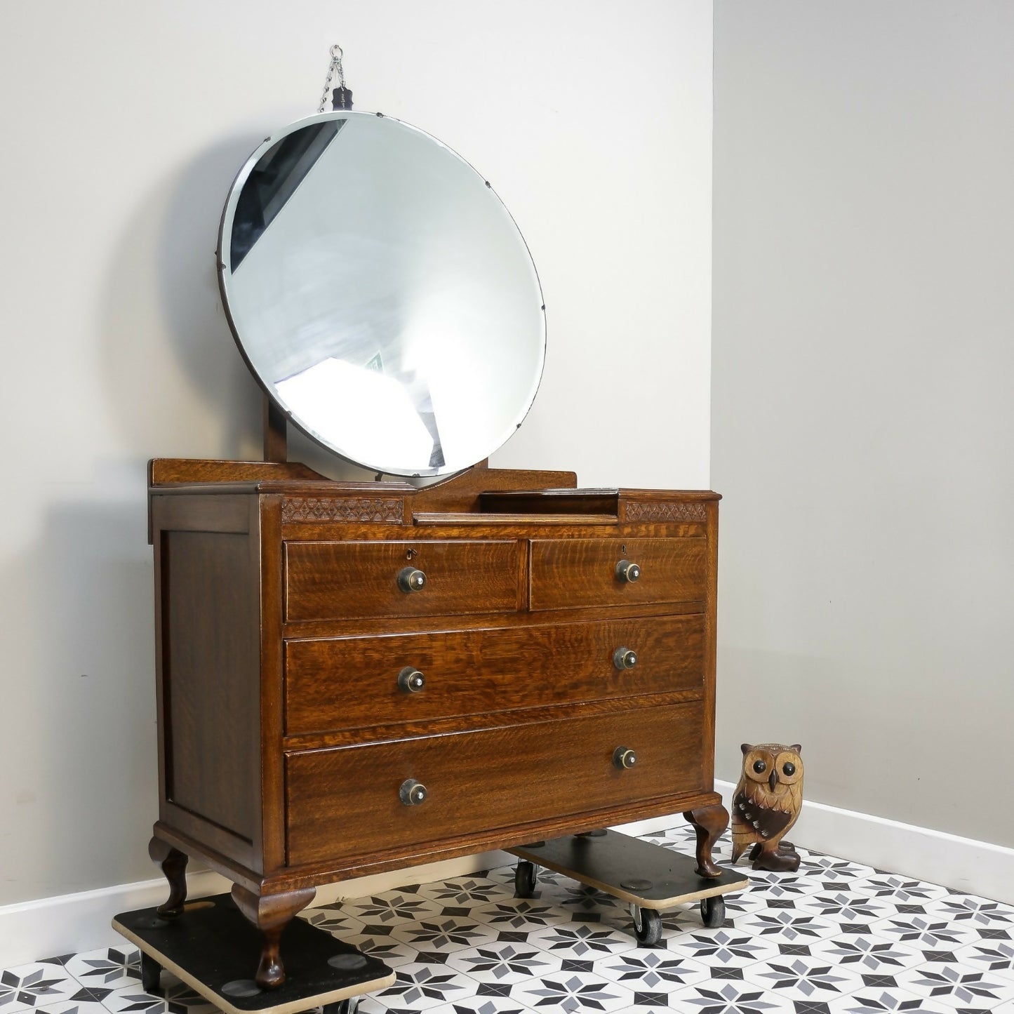 Vintage Carved Oak Dressing Table with Mirror 1930s