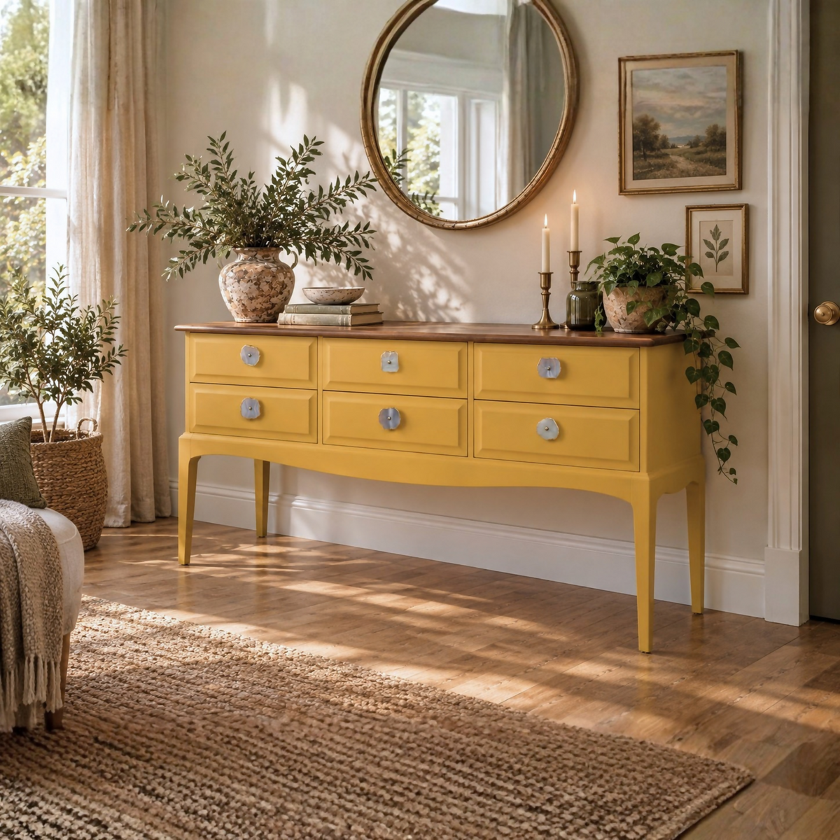 Mustard Yellow Vintage Stag Minstrel Mahogany Sideboard | Agate Handles | Upcycled Furniture | Mid Century Style