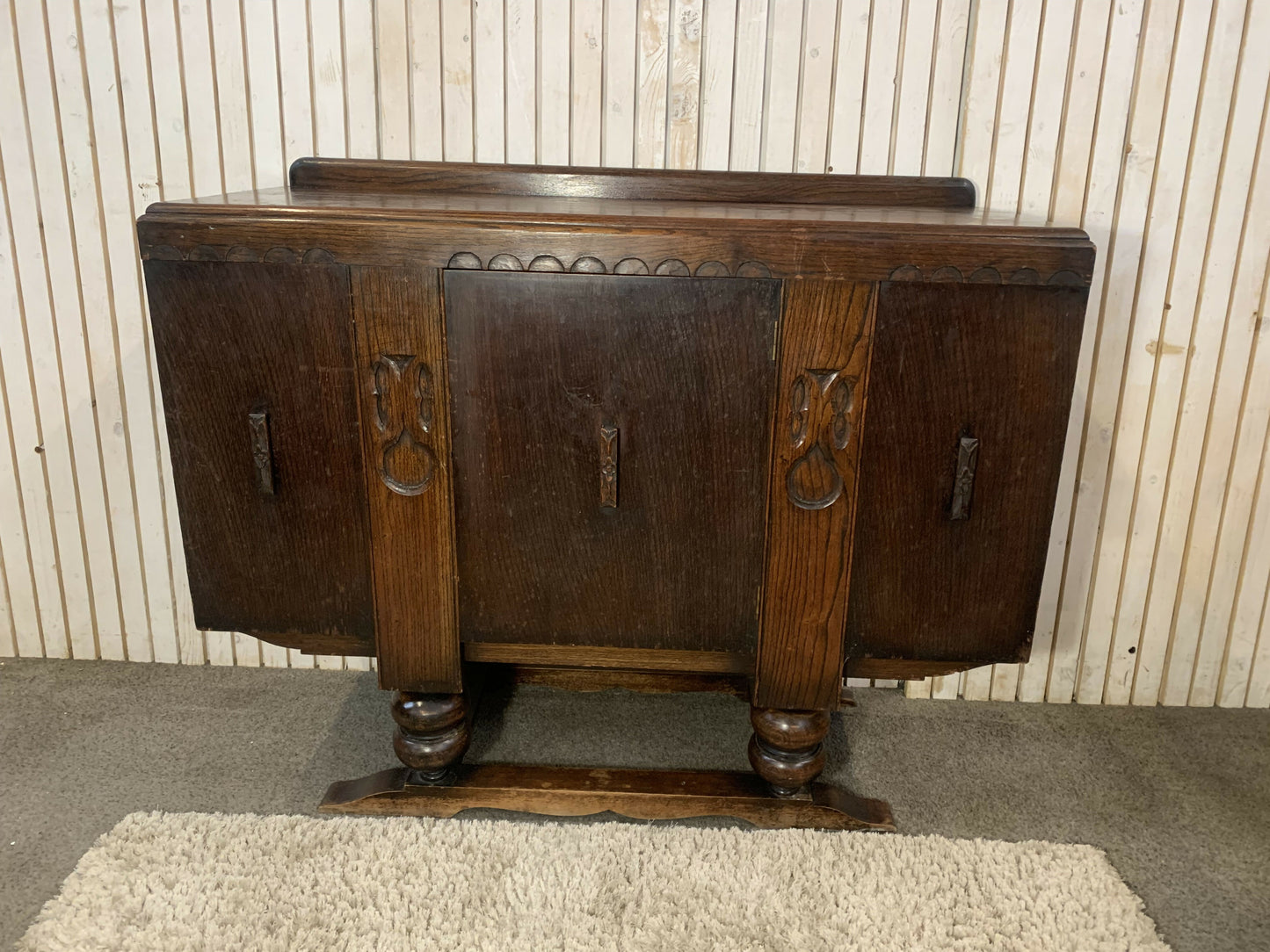 Vintage Art Deco Carved Wood Cabinet Sideboard 3 Doors 2 Drawers