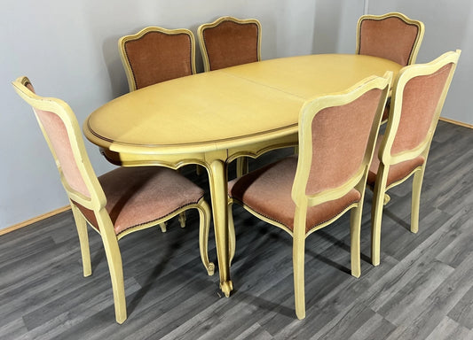Vintage French Louis XVI Dining Table Set | Shabby Chic Oak Furniture | Includes 6 Upholstered Chairs Carved Detail LOT 4404