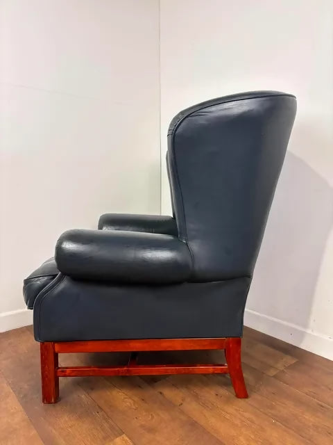 Blue Leather Chesterfield Style Wingback Armchair