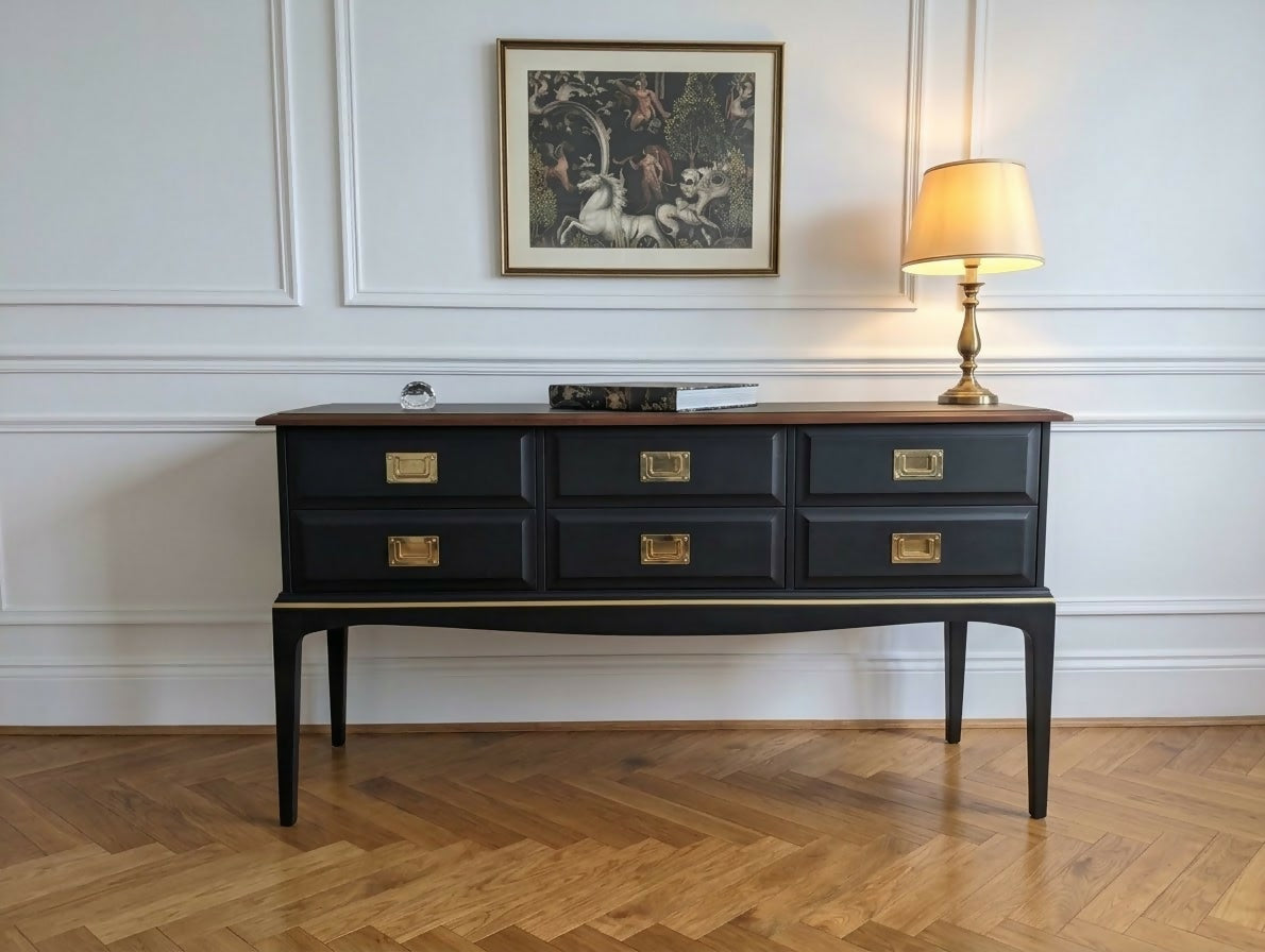 Stag minstrel black gold console table/ mid century modern vintage sideboard