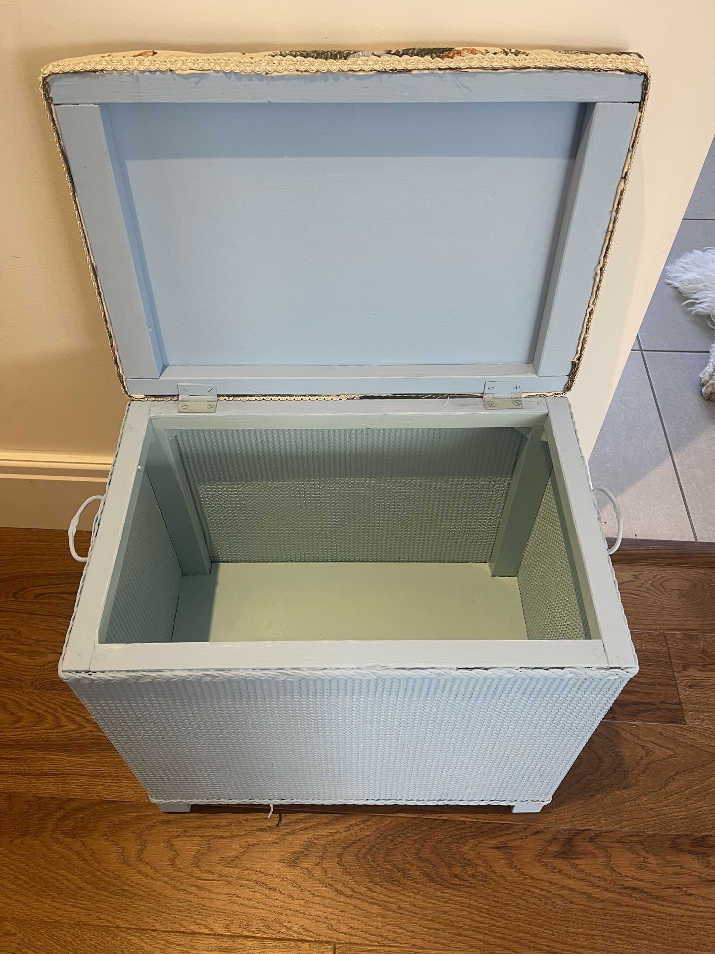 Bijou ottoman seat sky blue with Peter Rabbit themed upholstery. 45cm high 45cm long 30cm deep