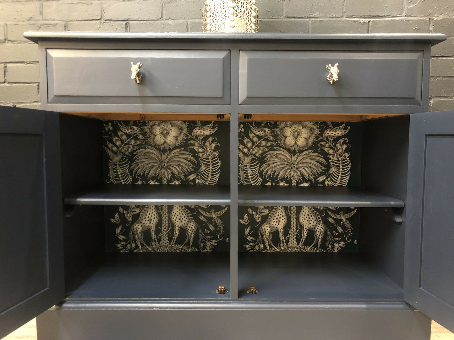 MADE TO ORDER: Vintage sideboard/buffet with wallpaper fronts, drawers – Dark navy sideboard, Giraffe themed wallpaper