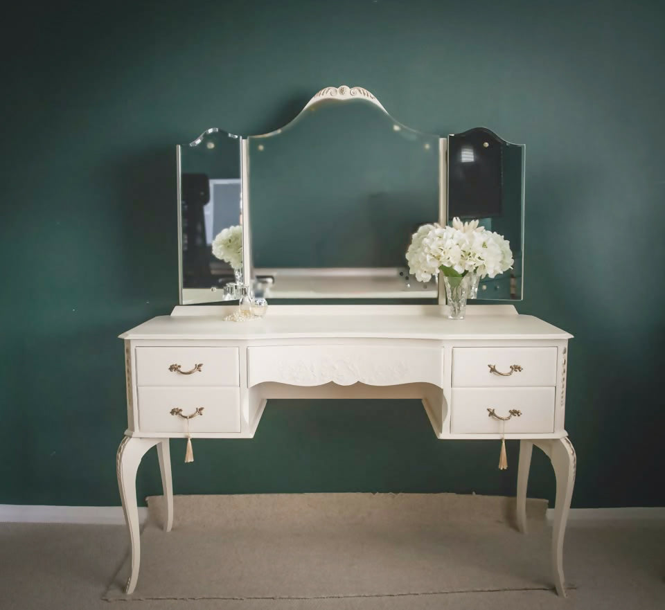 Upcycled French style vintage Cream Dressing Table, vanity with large triple mirror and gold details,