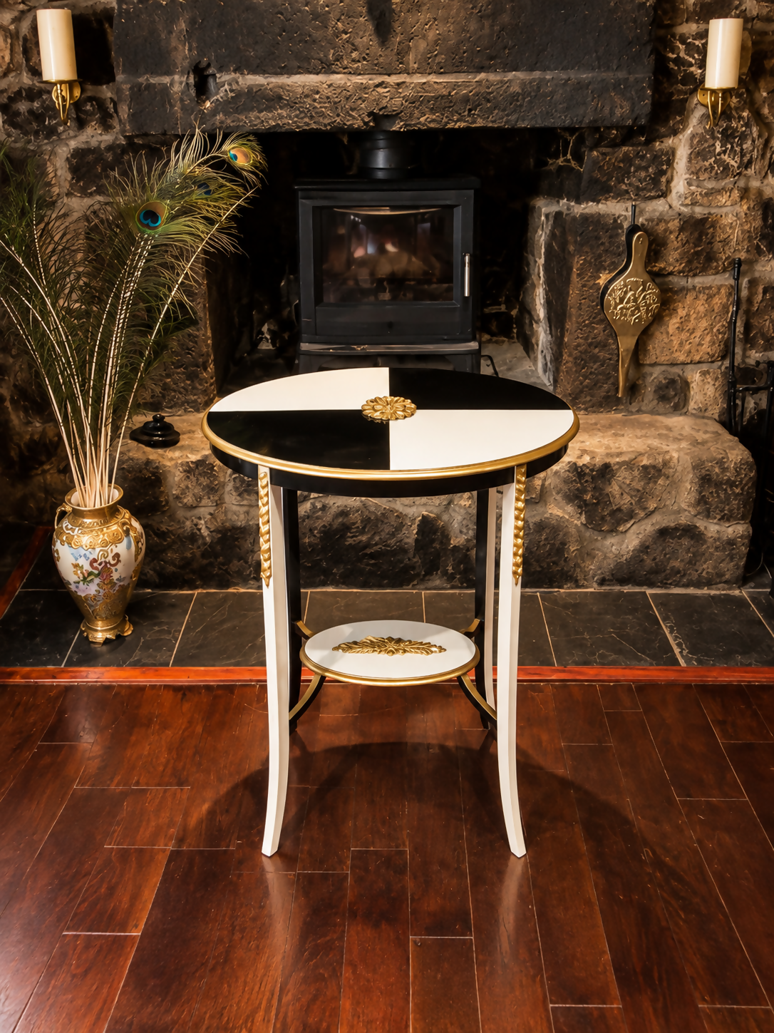 French-Style Oval Side Table - Blush Pink, Black & Gilt Geometric Design