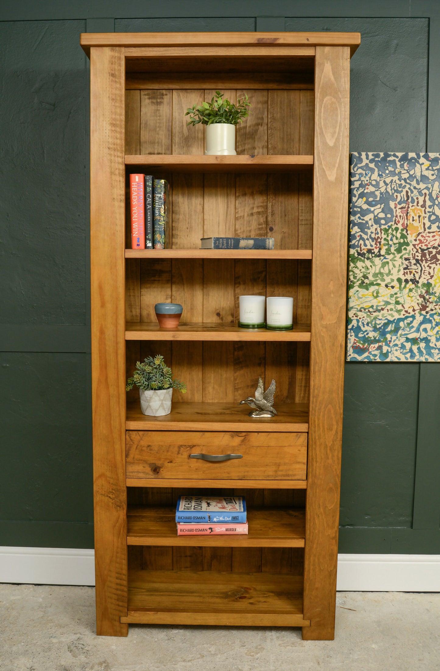 Rustic Tall Pine Bookcase with Drawer - 200 cm Tall