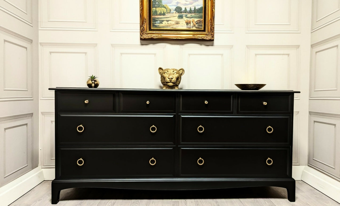 Stag Minstrel Captains Chest, Solid Wood, Eight Drawers, Black Chest of drawers