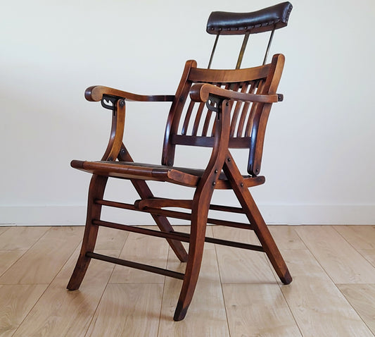 Campaign Chair With Adjustable Upholstered Headrest Circa 1890