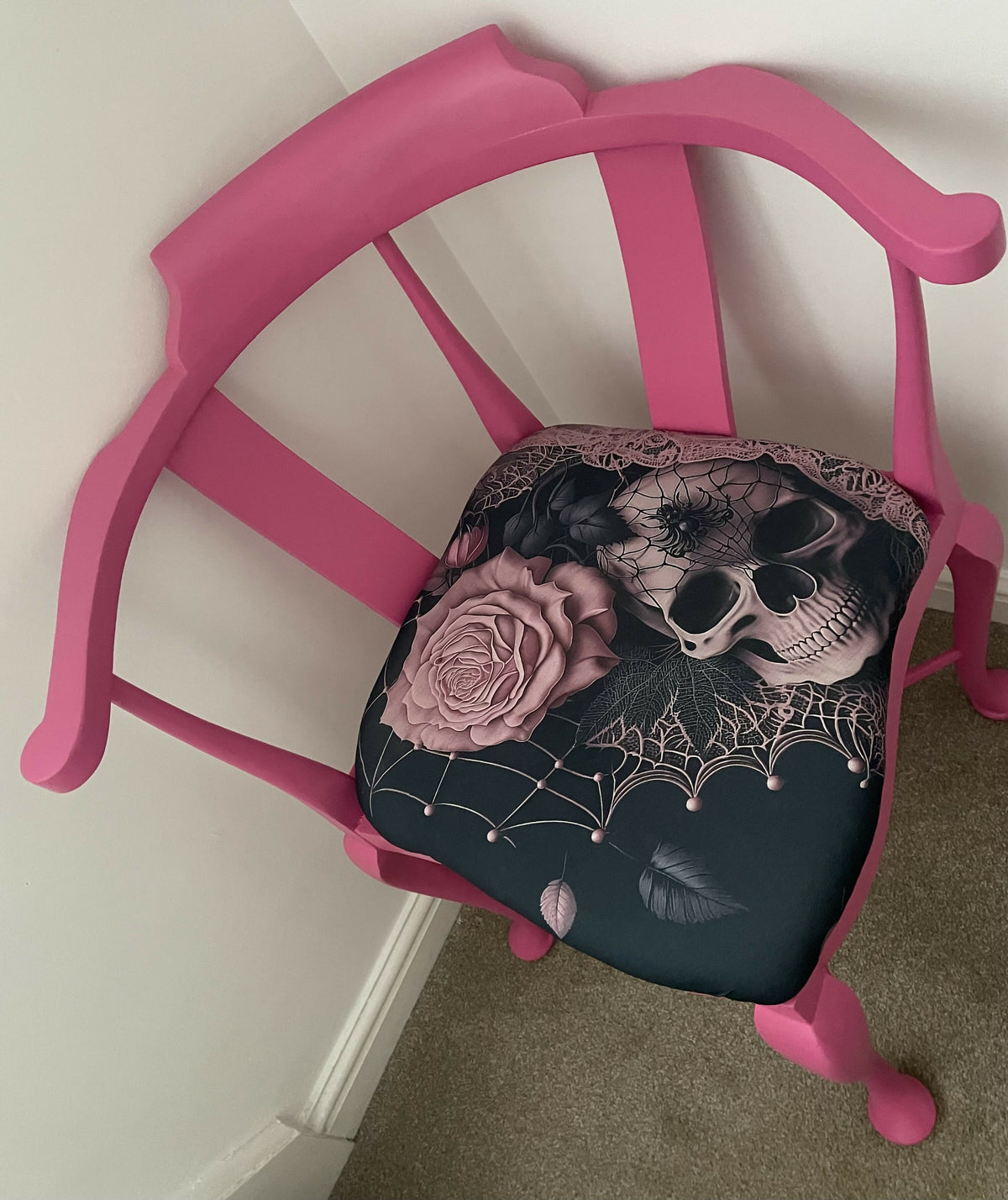 Antique Upcycled Corner Chair with Skull & Flower pattern seat