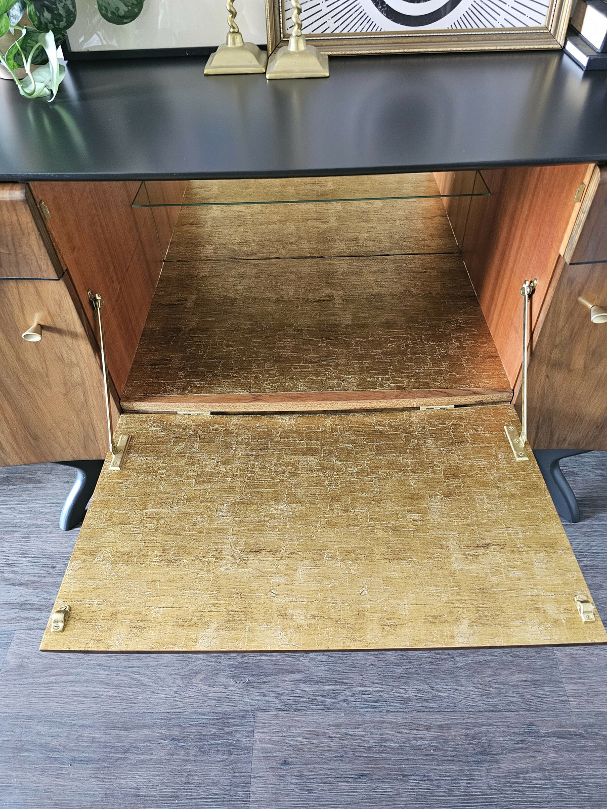 Mid Century Modern Sideboard, Dark Wood and Black Drinks Cabinet, Gold Interior, Original Handles, Crocodile Pattern TV Stand