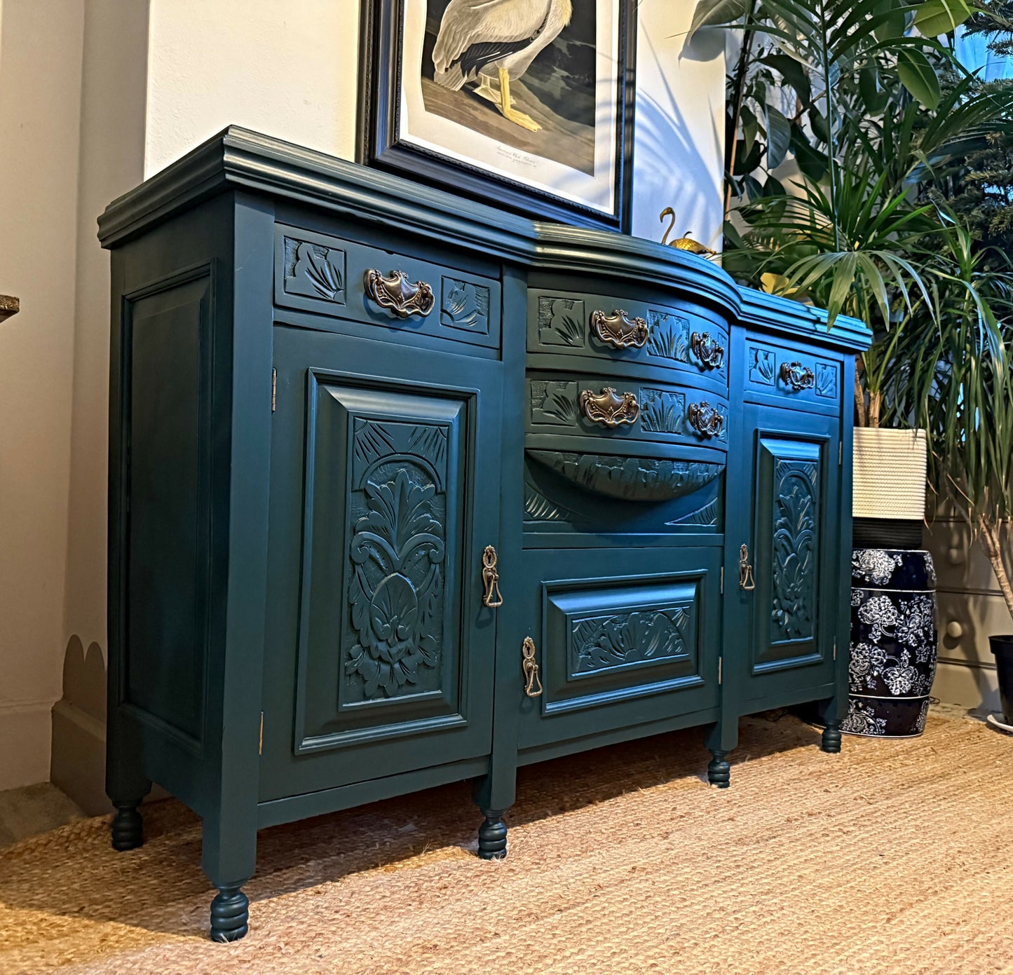 Newly refurbished antique sideboard solid oak green Edwardian