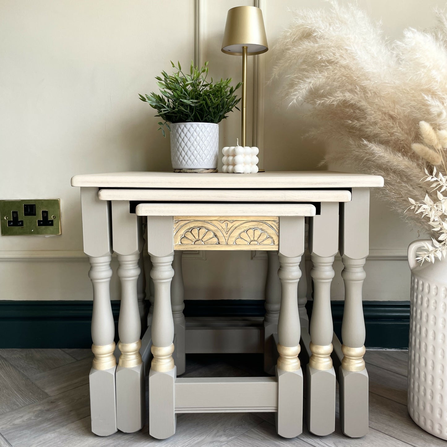 Oak Nest Of Tables | Hand Painted Side Tables Set | Solid Wood Living Room Furniture | Modern Traditional Nesting Tables