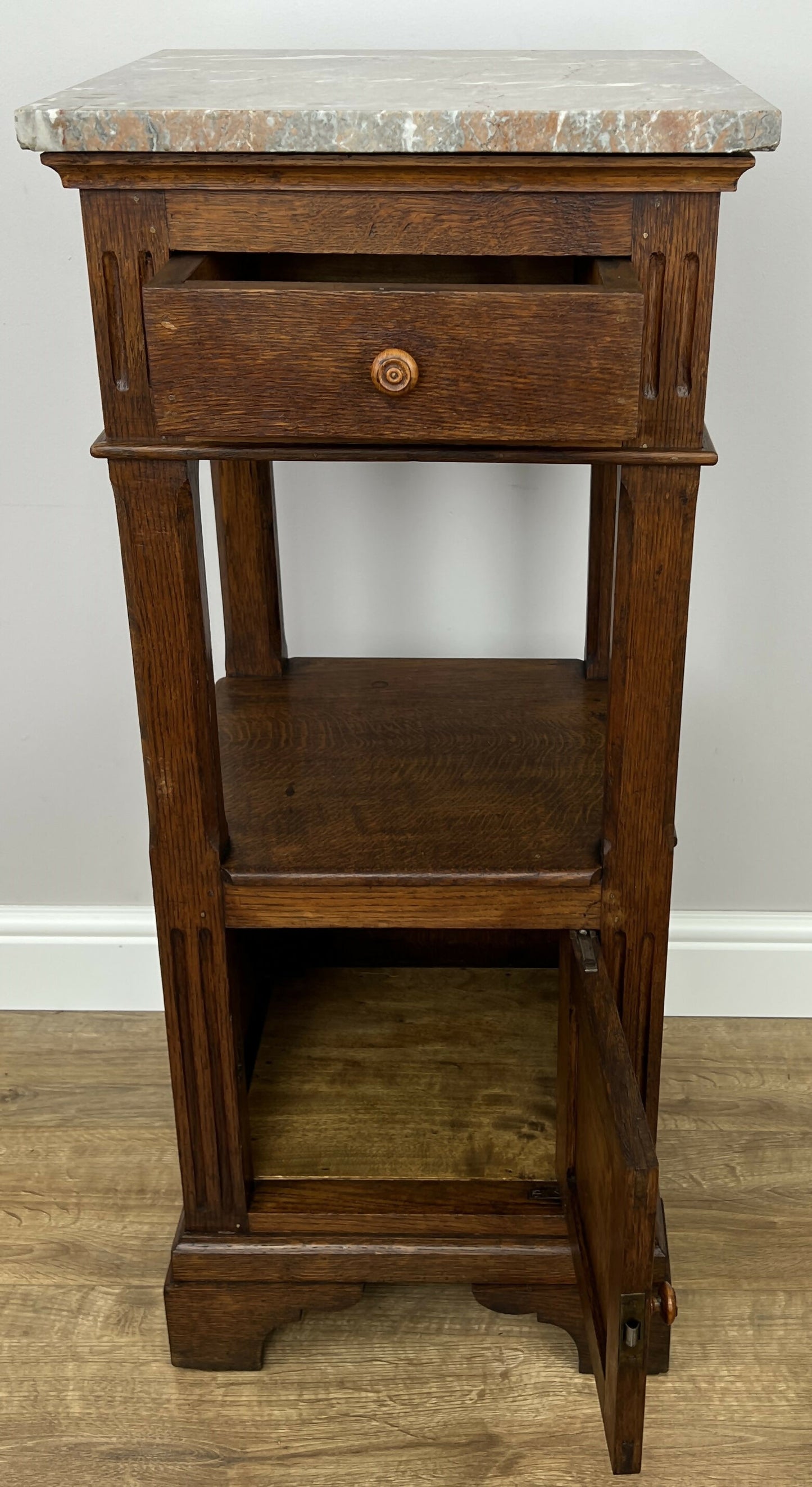 Bedside Table Antique French Style Marble Top Oak Cabinet Nightstand LOT 6236