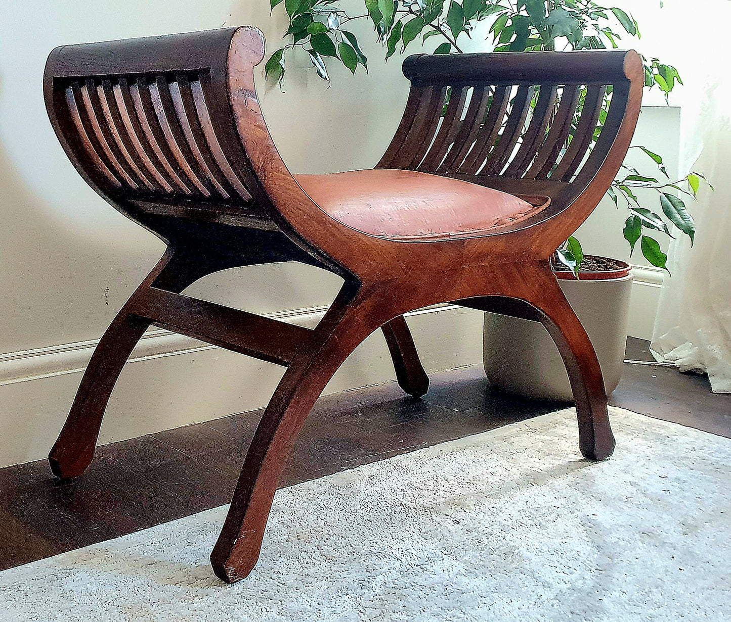 Vintage Carule Stool/Seat Indonesian Teak, Leather Padded Seat Cushion A Beauty!