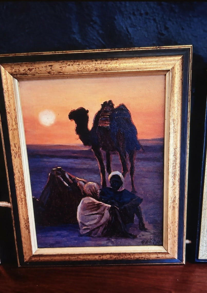 Vintage Set of x4 Desert/Eastern Oil Paintings, Gold Framed, Signed by Same Artist