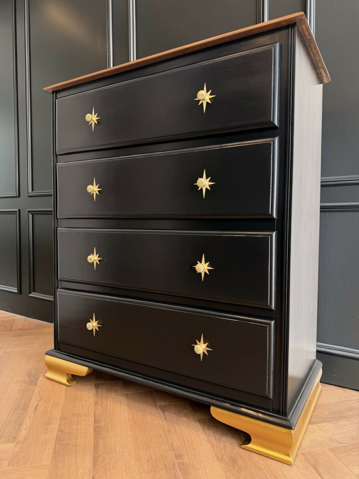 Vintage Unique Chest of drawers Star Burst Black Gold Dresser | Luxury Refurbished Bespoke Furniture