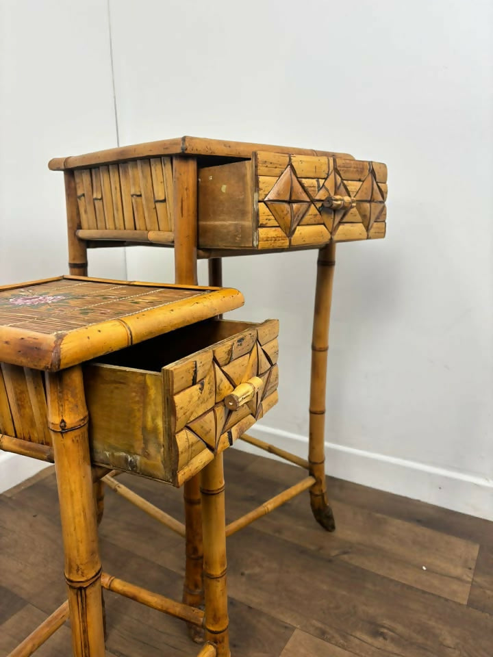 Pair of Vintage French Bamboo Side Tables with Hand-Painted Rose Detail