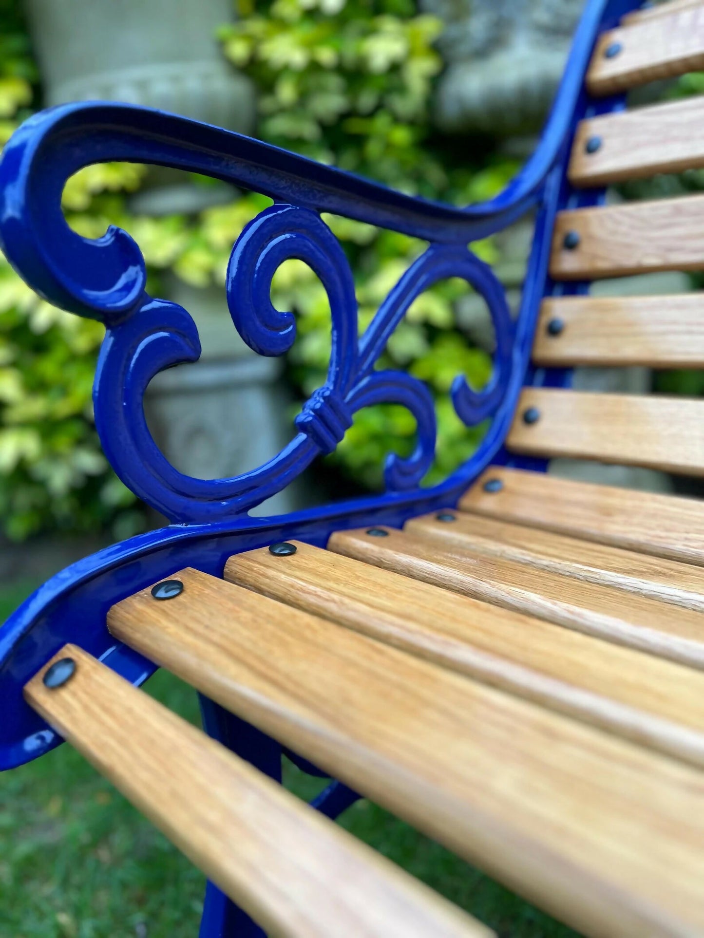 Cast Iron and Oak Garden Bench finished in Cadburys Blue