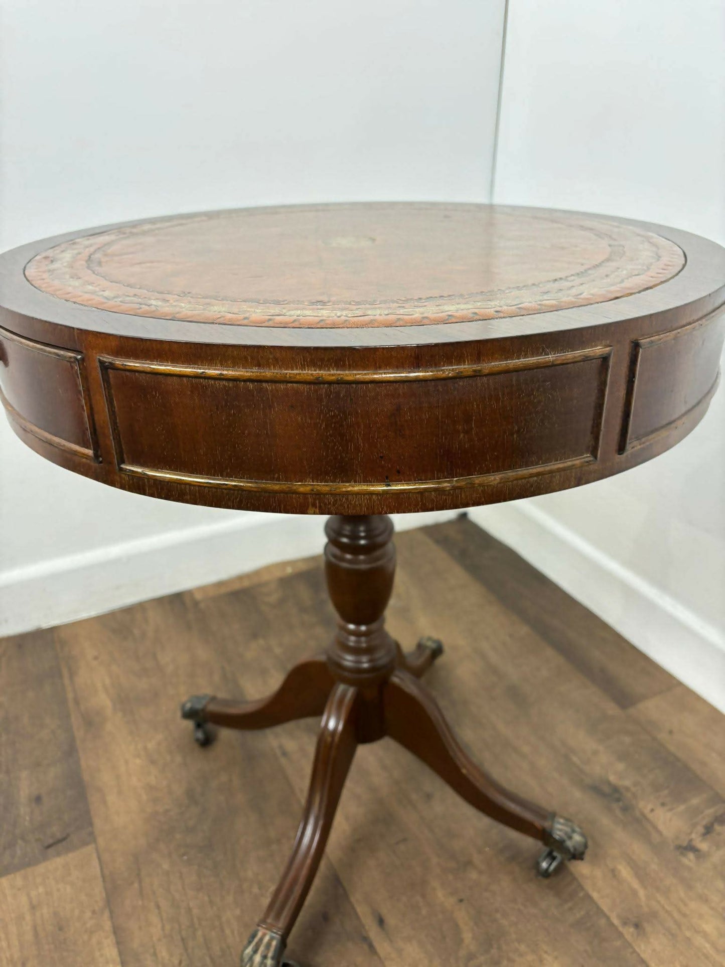 Vintage Reproduction Mahogany Drum Table with Leather Top